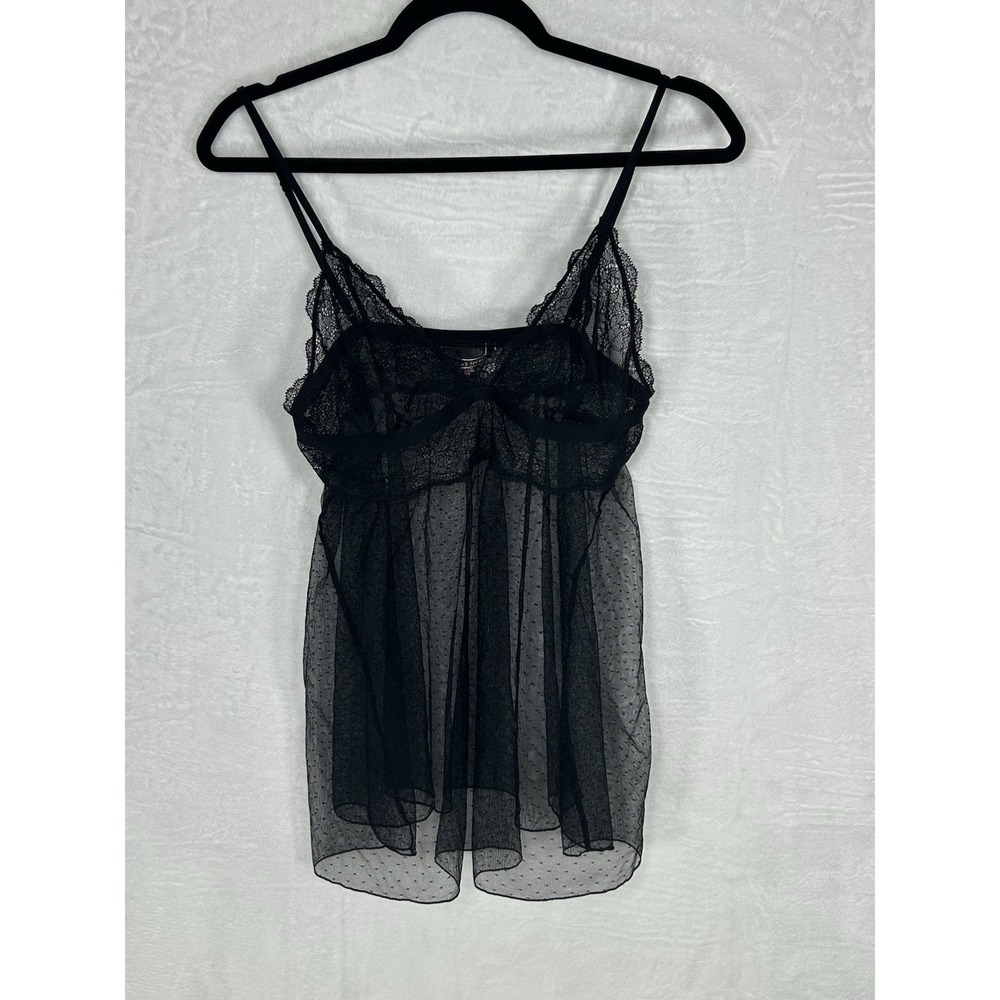 Victorias Secret XL 90's Black Sheer Dotted Flyaway Babydoll Coquette Whimsigoth